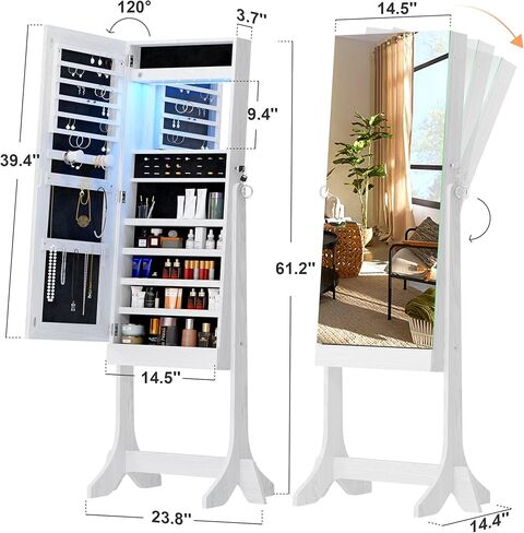 خزانة مجوهرات SogesHome مع مرآة، خزانة مجوهرات قائمة بذاتها وحامل مجوهرات وخزانة تخزين منظمة مع ضوء LED داخلي، وتخزين الملابس بمرآة لغرفة النوم وغرفة المعيشة in Kuwait