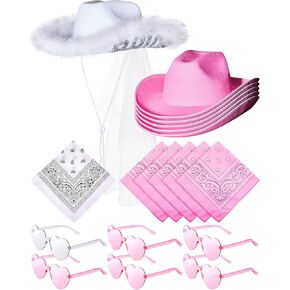 Jecery 18 Pieces Bachelorette Cowgirl Hats Set, Includes Bride Cowgirl Hat with Veil and 5 Pink Cowgirl Hats, 6 Heart Rimless Sunglasses and 6 White and Pink Bandana for Last Rodeo Bachelorette Party in Saudi Arabia