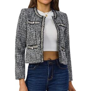 Xaspee Women's Tweed Blazers Cropped Long Sleeve Crewneck Open Front Lace Trim Lightweight Plaid Work Blazer Jackets