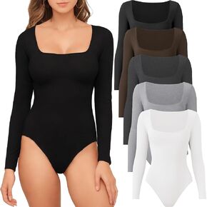 TYCTOS 4/5 Pack Square Neck Long Sleeve Bodysuit Stretchy Bodysuits for Women Daily Casual Womens Long Sleeve Bodysuit Tops