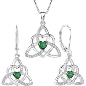 YIFSIY سلتيك عقدة القلب قلادة أقراط 925 فضة الثالوث الحب عقدة قلادة الزمرد جوهرة مايو طقم مجوهرات للنساء in Kuwait