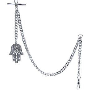 سلسلة ساعة الجيب الفضية اللون سلسلة من ألبرت مع يد همسة من فاطيما تصميم ميدالية فوب مع مشبك دوار على شكل حرف T AC217، فضي, فضي in Kuwait