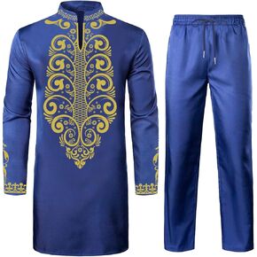 Daupanzees Mens African 2 Piece Set Long Sleeve Gold Print Dashiki and Pants Outfit Traditional Suit
