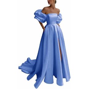 Bekvamlighet Detachable Puffy Sleeves Wedding Dresses for Bride with Pockets Satin High Slit Prom Dresses Ball Gowns