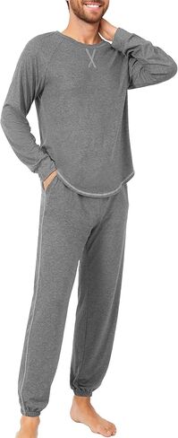 طقم بيجامات Cysincos رجالي بيجامات قطنية بأكمام طويلة ملابس نوم مكونة من قطعتين ملابس نوم سروال برباط طقم Pj in Kuwait