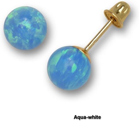 Jewelryweb - Solid 14K Yellow Gold 6mm Created Opal Screw Back Earrings - White Green Blue Pink Purple Opal Stud Earrings - October Brithstone Stud Earrings for Women girls in Saudi Arabia