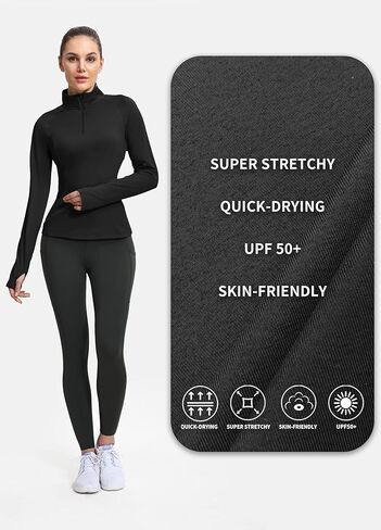 بلوفر نسائي من الصوف الحراري من Hiverlay، نصف سحاب، أكمام طويلة، قميص الفروسية للطقس البارد in Kuwait