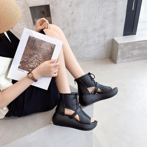 Sttiyaf Women Boot Sandals Open Toe Cutout Sandals High Top Leather Sandals for Women in Kuwait