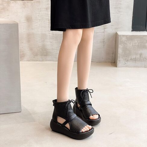 Sttiyaf Women Boot Sandals Open Toe Cutout Sandals High Top Leather Sandals for Women in Kuwait