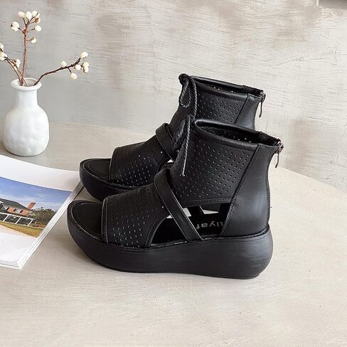Sttiyaf Women Boot Sandals Open Toe Cutout Sandals High Top Leather Sandals for Women in Kuwait