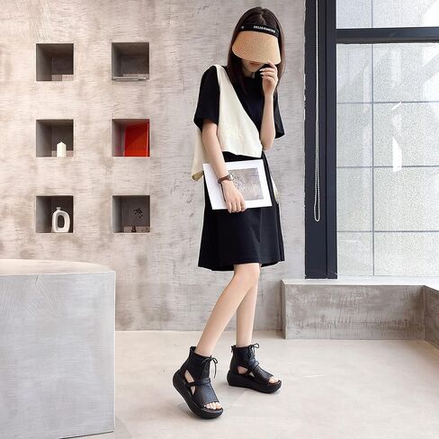 Sttiyaf Women Boot Sandals Open Toe Cutout Sandals High Top Leather Sandals for Women in Kuwait