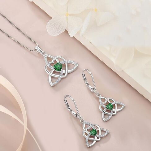 YIFSIY سلتيك عقدة القلب قلادة أقراط 925 فضة الثالوث الحب عقدة قلادة الزمرد جوهرة مايو طقم مجوهرات للنساء in Kuwait
