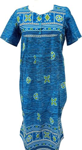 Loungees Short Sleeve Blue Border Print Cotton Lounge Dress | 3 Button Bib Yoke in Kuwait