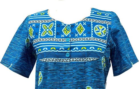 Loungees Short Sleeve Blue Border Print Cotton Lounge Dress | 3 Button Bib Yoke in Kuwait