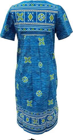 Loungees Short Sleeve Blue Border Print Cotton Lounge Dress | 3 Button Bib Yoke in Kuwait