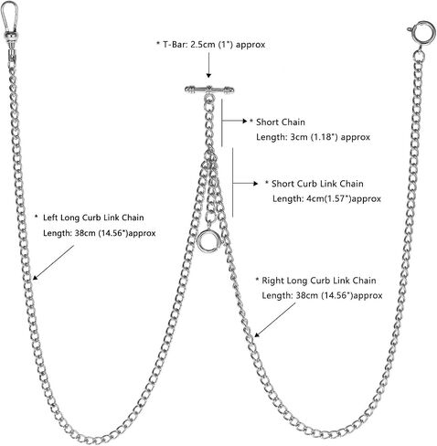 TREEWETO Pocket Watch Double Albert Chain T-Bar Watch Chain Link 16 inch 3 Hooks Bronze/Silver/Gold/Black Classic Antique Fob T Bar in Saudi Arabia