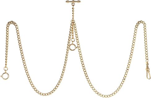 TREEWETO Pocket Watch Double Albert Chain T-Bar Watch Chain Link 16 inch 3 Hooks Bronze/Silver/Gold/Black Classic Antique Fob T Bar in Saudi Arabia