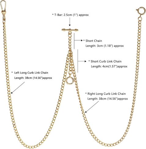 TREEWETO Pocket Watch Double Albert Chain T-Bar Watch Chain Link 16 inch 3 Hooks Bronze/Silver/Gold/Black Classic Antique Fob T Bar in Saudi Arabia