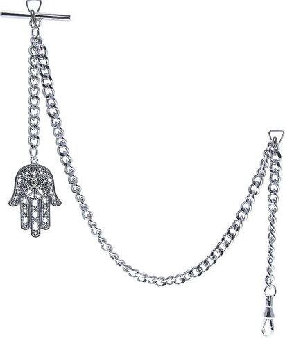 سلسلة ساعة الجيب الفضية اللون سلسلة من ألبرت مع يد همسة من فاطيما تصميم ميدالية فوب مع مشبك دوار على شكل حرف T AC217، فضي, فضي in Kuwait