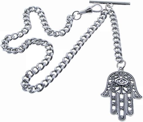 سلسلة ساعة الجيب الفضية اللون سلسلة من ألبرت مع يد همسة من فاطيما تصميم ميدالية فوب مع مشبك دوار على شكل حرف T AC217، فضي, فضي in Kuwait