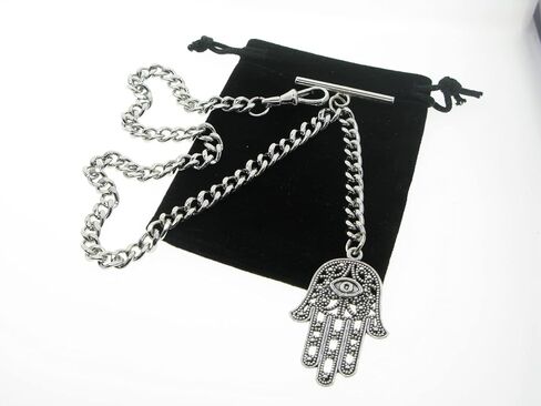 سلسلة ساعة الجيب الفضية اللون سلسلة من ألبرت مع يد همسة من فاطيما تصميم ميدالية فوب مع مشبك دوار على شكل حرف T AC217، فضي, فضي in Kuwait