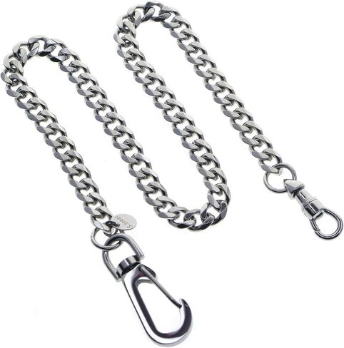 ووتش في شوب سلسلة ساعة جيب من الستانلس ستيل مع سلسلة كوبية ثقيلة من الستيل، مشبك دوار البرت ستيل، مشبك دوار كبير من الستيل FCS85، فضي, فضي in Kuwait