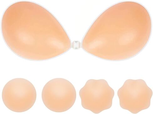حمالة صدر لاصقة من FOME حمالة صدر غير مرئية، حمالة صدر لاصقة للنساء من السيليكون عصا على حمالة صدر رفع، حمالات صدر بدون حمالات للفستان مع زوجين من أغطية الحلمات (مقاس كوب B) بيج in Kuwait