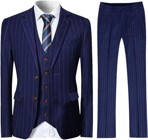 Cloudstyle Mens 3 Piece Stripe Suit Set Center Vent 2 Button Tux Blazer Jacket Vest Trousers in Kuwait