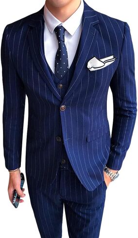 Cloudstyle Mens 3 Piece Stripe Suit Set Center Vent 2 Button Tux Blazer Jacket Vest Trousers in Kuwait