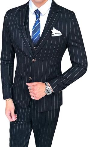 Cloudstyle Mens 3 Piece Stripe Suit Set Center Vent 2 Button Tux Blazer Jacket Vest Trousers in Kuwait
