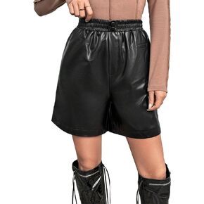 شورت نسائي من MakeMeChic بخصر مطاطي من جلد البولي يوريثان بأرجل واسعة، كاجوال بأزرار أمامية وجيوب مائلة، شورت عالي الخصر in Kuwait