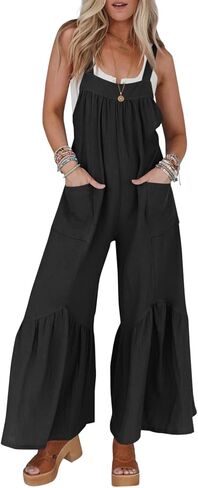 Cicy Belll Women's Wide Leg Ruffle Jumpsuits Open Back Summer Casual Boho Long Pants Rompers in Kuwait