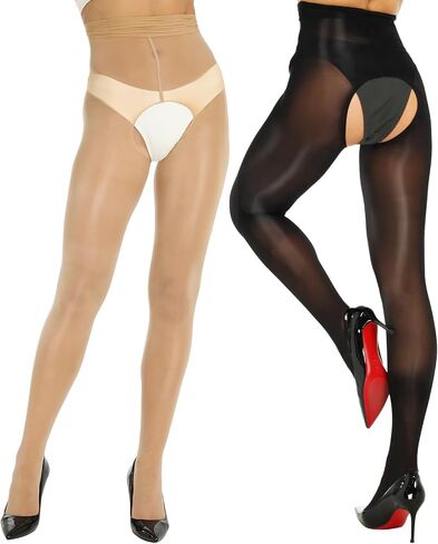 Yilanmy Shiny Sheer Tights Open Crotch pantyhose for Women High Waist shimmery tights Oil Shimmery Tights 2 Pairs in Saudi Arabia