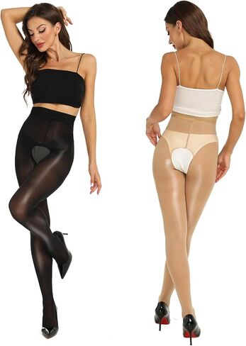 Yilanmy Shiny Sheer Tights Open Crotch pantyhose for Women High Waist shimmery tights Oil Shimmery Tights 2 Pairs in Saudi Arabia
