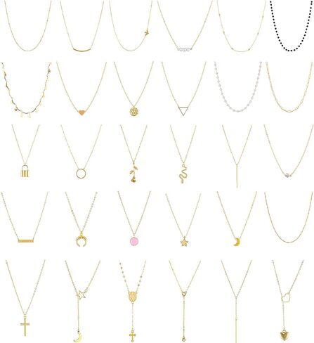 WFYOU 30 قطعة القلائد للنساء الطبقات سلسلة قلادة فضية حلية ذهبية القلائد مجوهرات لتقوم بها بنفسك متعدد الطبقات قلادة مجموعة in Kuwait