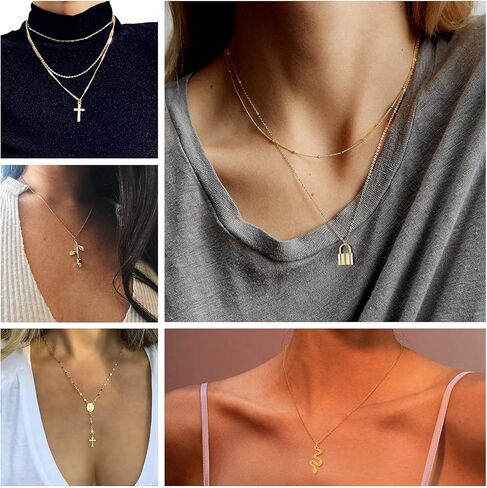 WFYOU 30 قطعة القلائد للنساء الطبقات سلسلة قلادة فضية حلية ذهبية القلائد مجوهرات لتقوم بها بنفسك متعدد الطبقات قلادة مجموعة in Kuwait