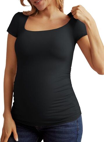 قمصان Maacie للحوامل برقبة مربعة، قمصان رياضية نحيفة، قمصان أساسية مبطنة مزدوجة وناعمة in Kuwait