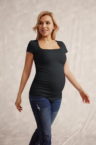 قمصان Maacie للحوامل برقبة مربعة، قمصان رياضية نحيفة، قمصان أساسية مبطنة مزدوجة وناعمة in Kuwait