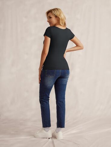 قمصان Maacie للحوامل برقبة مربعة، قمصان رياضية نحيفة، قمصان أساسية مبطنة مزدوجة وناعمة in Kuwait