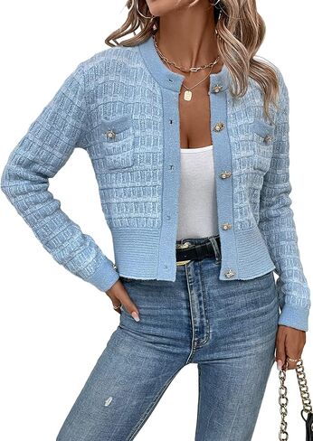 MakeMeChic Women's Pocket Patched Button Front Long Sleeve Cardigan Sweater in Kuwait