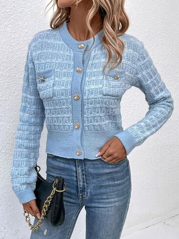 MakeMeChic Women's Pocket Patched Button Front Long Sleeve Cardigan Sweater in Kuwait