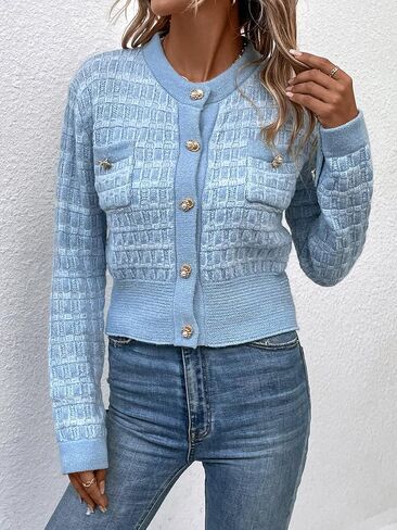MakeMeChic Women's Pocket Patched Button Front Long Sleeve Cardigan Sweater in Kuwait