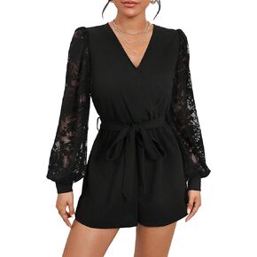 WDIRARA Women's Floral Lace Bishop Long Sleeve V Neck Belted Romper High Waist Shorts in Saudi Arabia