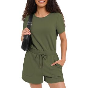 Casly Lamiit Women's Summer Short Sleeve Romper 2024 Casual Loose Crewneck Short Jumpsuit One Piece Outfits with Pockets