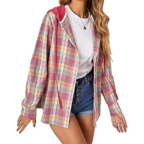 Womens Long Sleeve Plaid Hoodie Jacket Button Down Casual Boyfriend Blouse Shirts Tops Flannel Shirts with Pocket in Kuwait