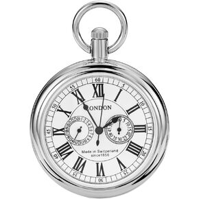 Dentily Vintage Silver Stainless Steel London Design Mechanical Hand-Wind Pocket Watch Mens Watches