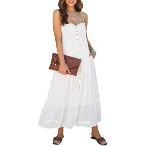 Dokotoo Womens Summer Casual Dresses Sleeveless Spaghetti Strap Button Down Smocked Beach Long Maxi Dress with Pockets