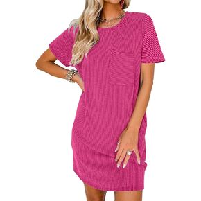 فستان LOLONG نسائي صيفي كاجوال فضفاض بأكمام قصيرة ورقبة دائرية فساتين مضلعة in Kuwait