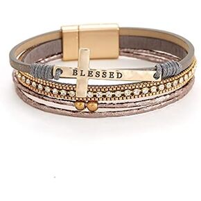 XLCTT Bohemian Faux Leather Wrap Multi Layer Statement Bracelet Cross Christian Religious Leatherette Cuff Crystal Rhinestone Metallic Bead Inspirational Bracelets