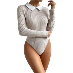Floerns Women's Long Sleeve Contrast Collar Keyhole Back Casual Bodysuit Tops